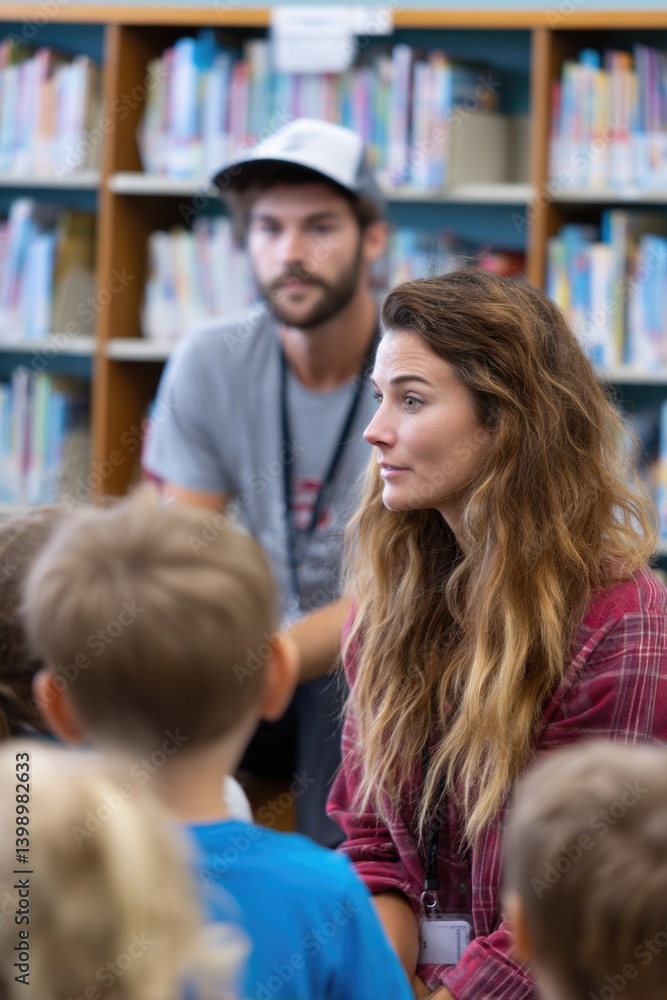A female librarian is in the school library, sharing an exciting story with a group of eager young students. At the same time, a male teacher observes from a distance, appreciating the joy of learnin A female librarian is in the school library, sharing an exciting story with a group of eager young students. At the same time, a male teacher observes from a distance, appreciating the joy of learnin
