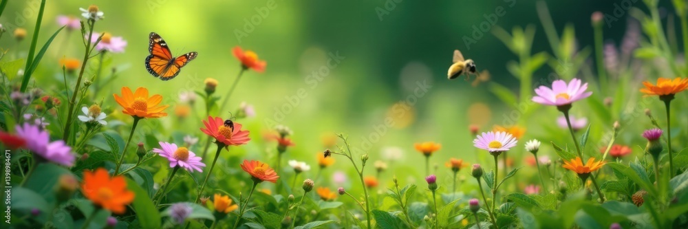 Dense greenery of wildflowers with butterflies and bees , insects, garden Dense greenery of wildflowers with butterflies and bees , insects, garden