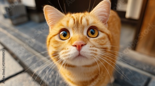 This chubby orange kitten shines in the sun with big eyes and a joyful smile, perfect for cute photo ops