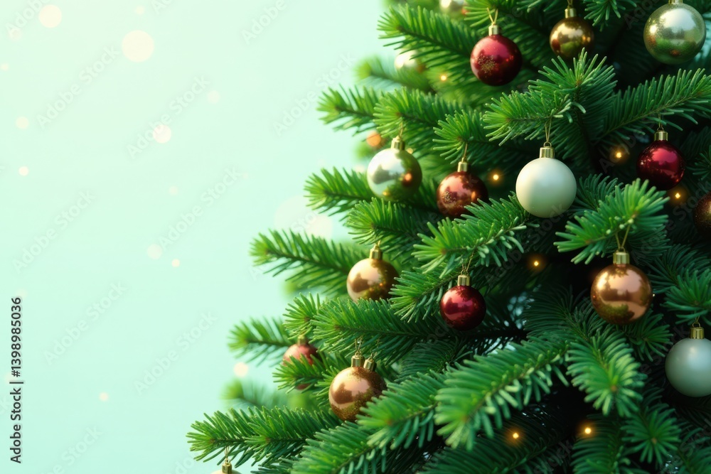 Dense green tree with shiny ornaments scattered around its branches, , Holiday Decor Dense green tree with shiny ornaments scattered around its branches, , Holiday Decor