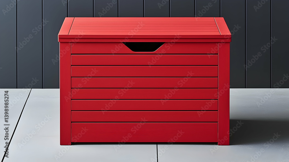 Red wooden storage chest outdoors on patio. Garden storage solution Red wooden storage chest outdoors on patio. Garden storage solution