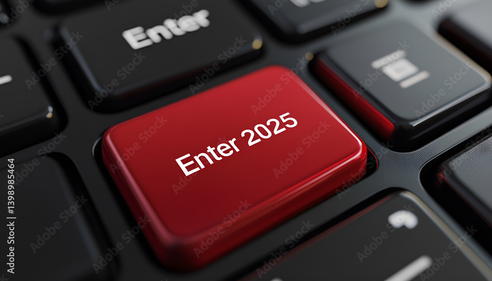 Red keyboard button with Enter 2025 text, symbolizing new beginnings Red keyboard button with Enter 2025 text, symbolizing new beginnings