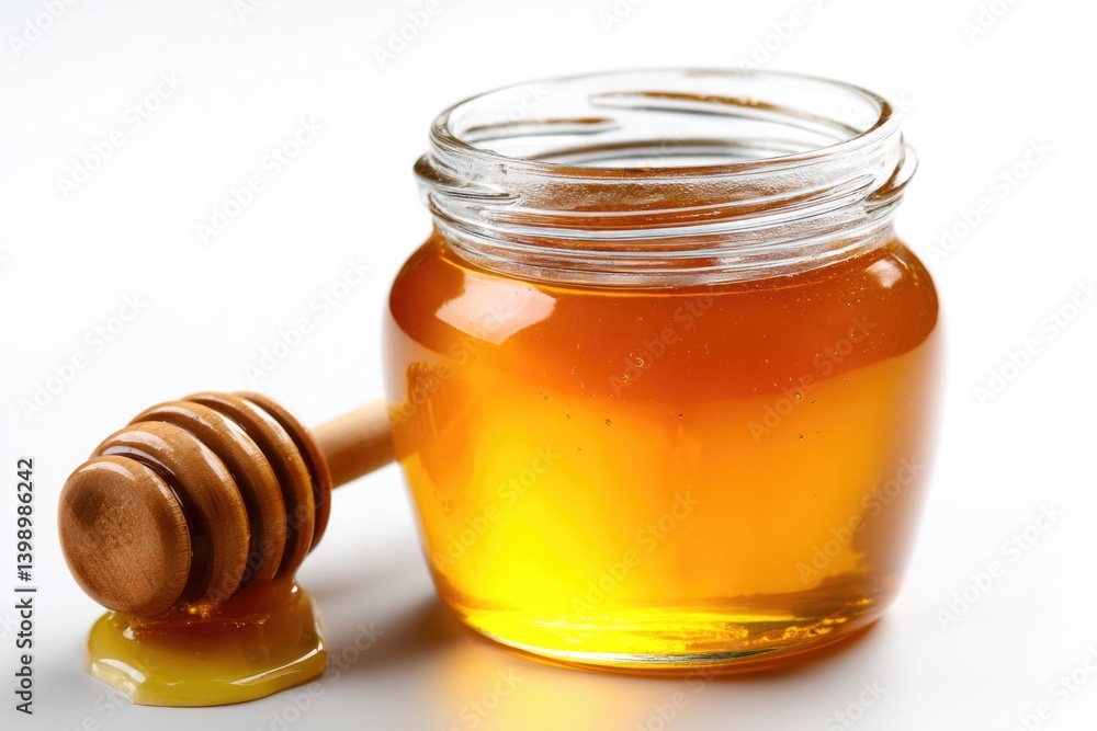 A glass jar brimming with golden honey, accompanied by a wooden dipper dripping with sweetness, set against a clean white backdrop. A glass jar brimming with golden honey, accompanied by a wooden dipper dripping with sweetness, set against a clean white backdrop.