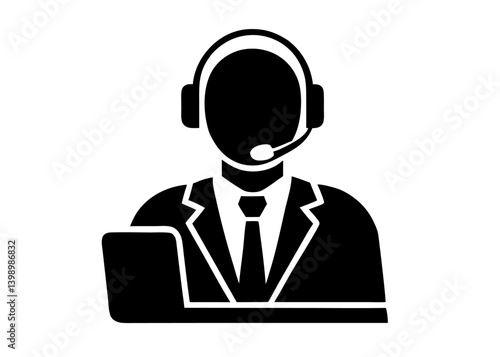 Vector illustration of a businessman holding a headset icon for call center support