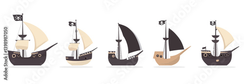 Old vessels, a pirate boat, an underwater wreck, black sails and flags, a sunken corsair after a sea battle, sailboat adventures, and a set of wooden caravels in a modern cartoon illustration