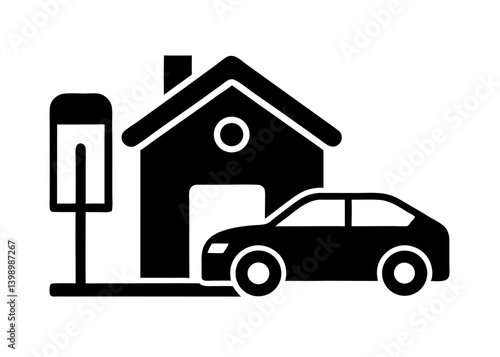 Real estate icon with a car and house shows property and vehicle transport
