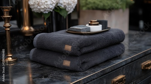 Luxurious dark gray towels on a dark vanity.  Soft, plush towels resting atop a stylish vanity, complemented by decorative accents