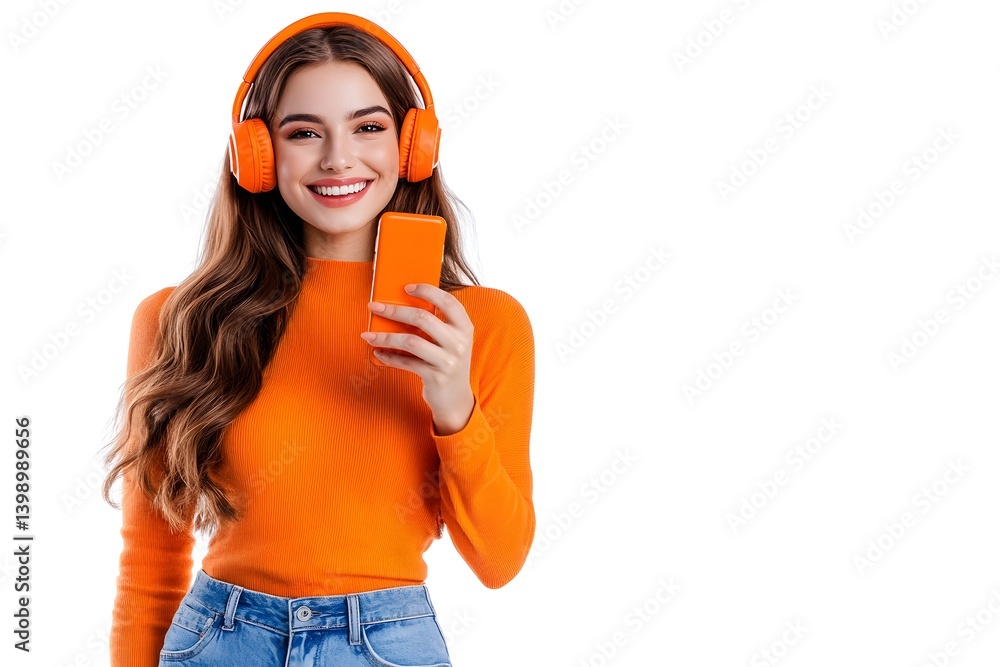 Young woman smiling wearing headphones and holding a mobile phone on white background. Young woman smiling wearing headphones and holding a mobile phone on white background.