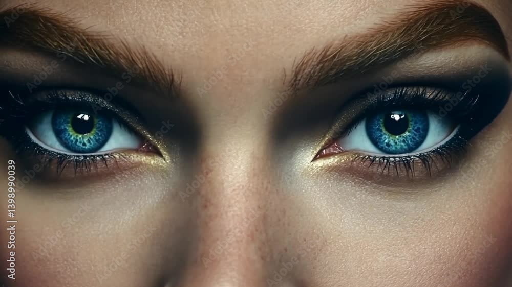 Close-up of a woman's striking blue eyes with dramatic makeup, showcasing beauty and elegance Close-up of a woman's striking blue eyes with dramatic makeup, showcasing beauty and elegance