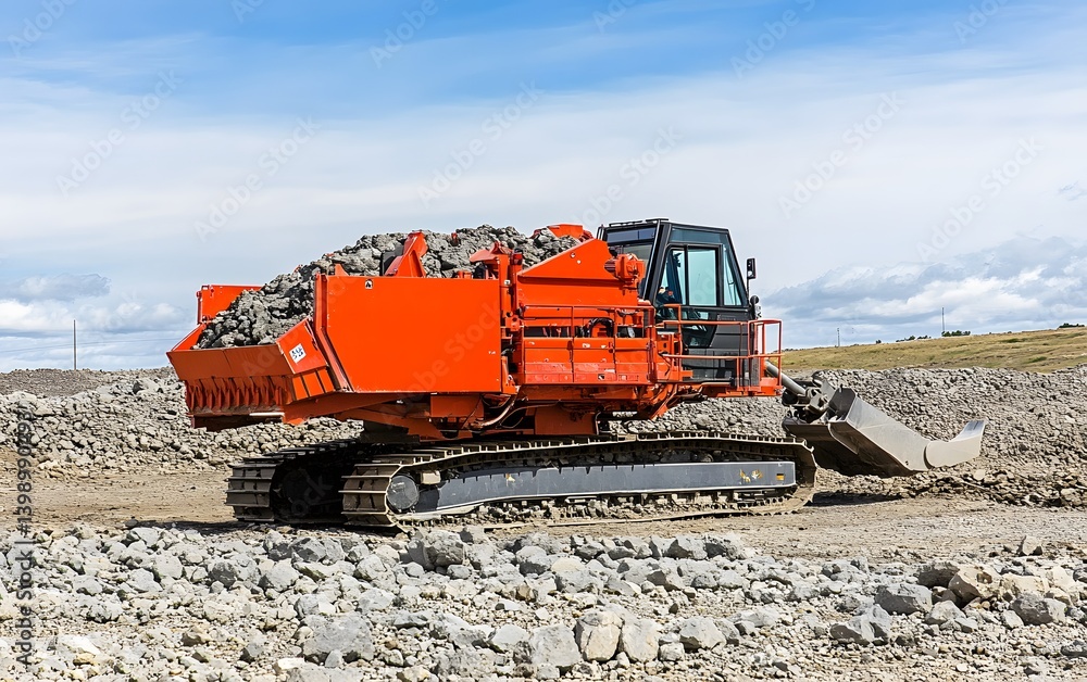 Orange Crawler Excavator Loading Rocks Quarry Construction Site Orange Crawler Excavator Loading Rocks Quarry Construction Site