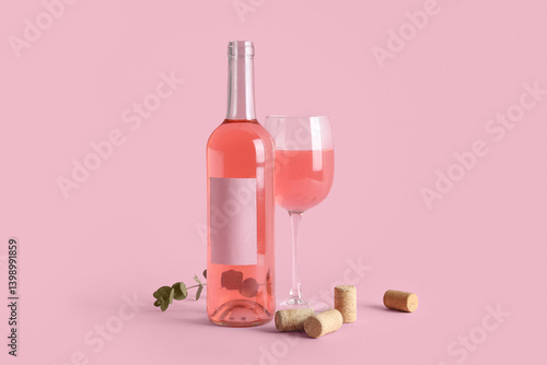 Glass and bottle of pink wine with eucalyptus twig and corks on pink background