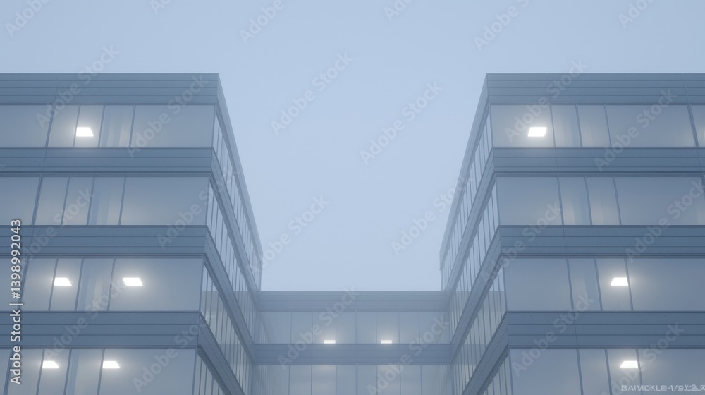 Modern office building facade in a light fog. Exterior view of a multi-story commercial structure, featuring a minimalist design with large glass panels and evenly spaced windows. Soft,