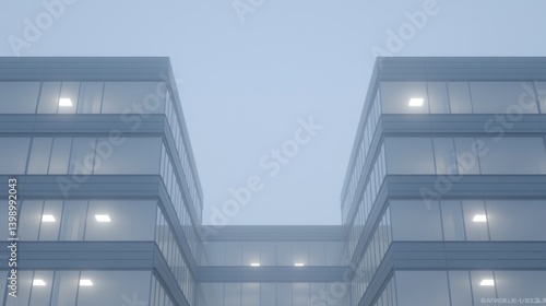 Modern office building facade in a light fog.  Exterior view of a multi-story commercial structure, featuring a minimalist design with large glass panels and evenly spaced windows.  Soft,