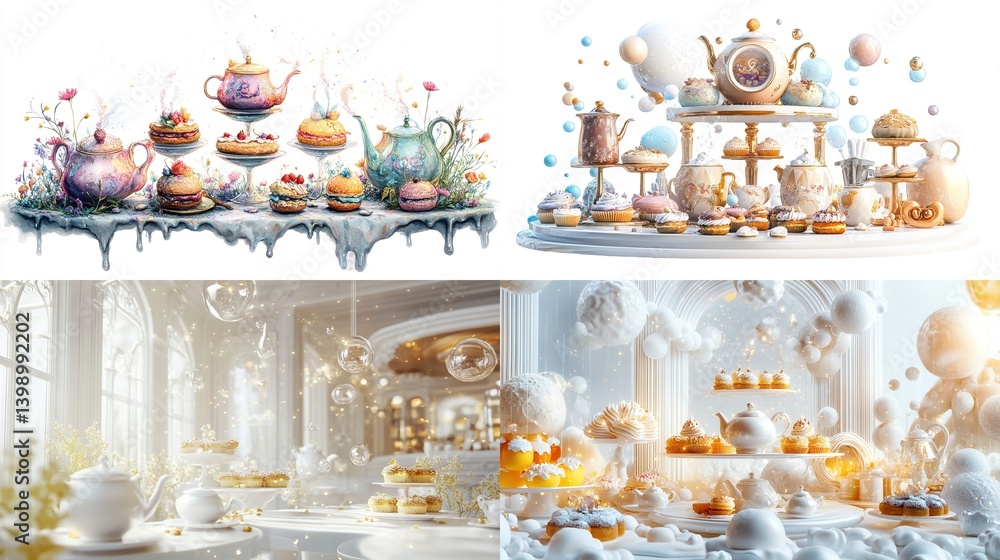 Fototapeta premium Whimsical tea party scenes with pastries and teapots.