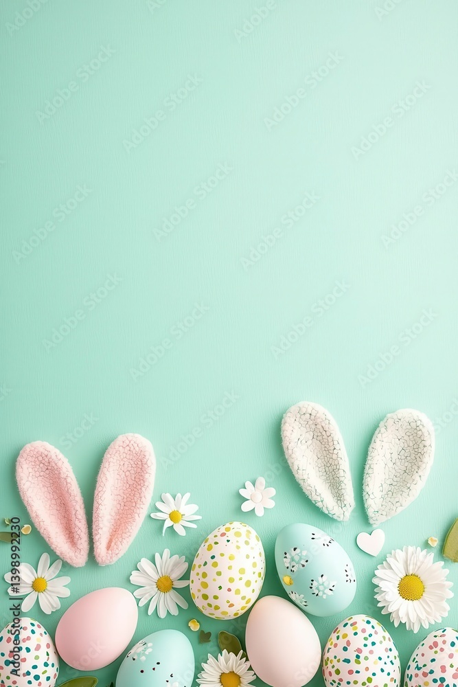 Easter crafting idea Overhead vertical shot of vibrant eggs cute bunny ears and fresh daisy blooms on a teal backdrop with space for your text or advertisement. Easter crafting idea Overhead vertical shot of vibrant eggs cute bunny ears and fresh daisy blooms on a teal backdrop with space for your text or advertisement.