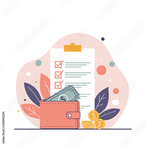 Business planning with wallet, checklist, and money on a pastel background  