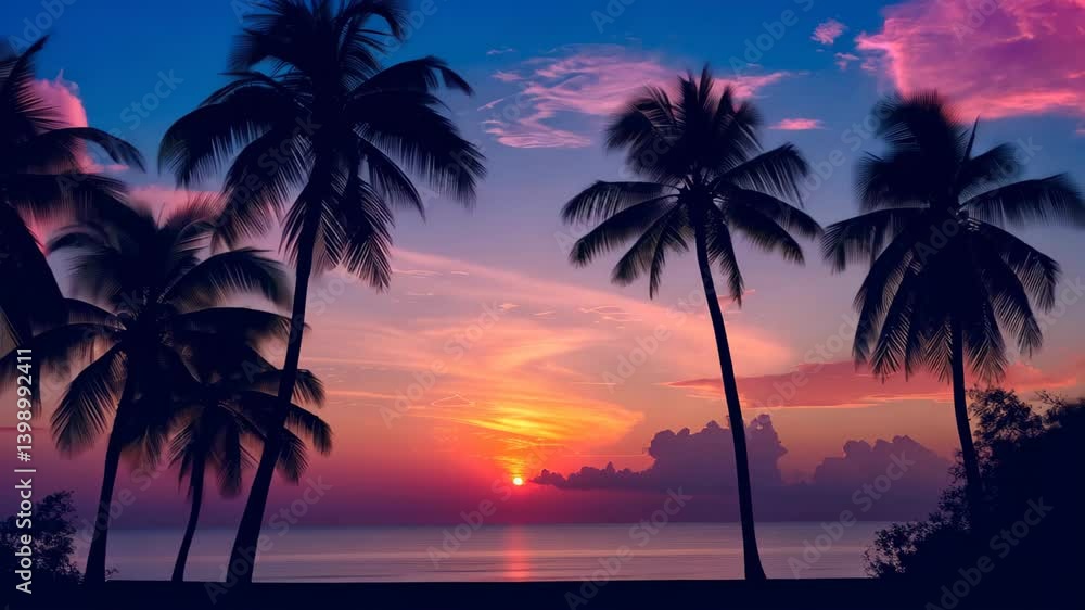 Palm trees cast captivating shadows against the vibrant hues of a tropical sunrise or sunset. Ai Generated. Palm trees cast captivating shadows against the vibrant hues of a tropical sunrise or sunset. Ai Generated.