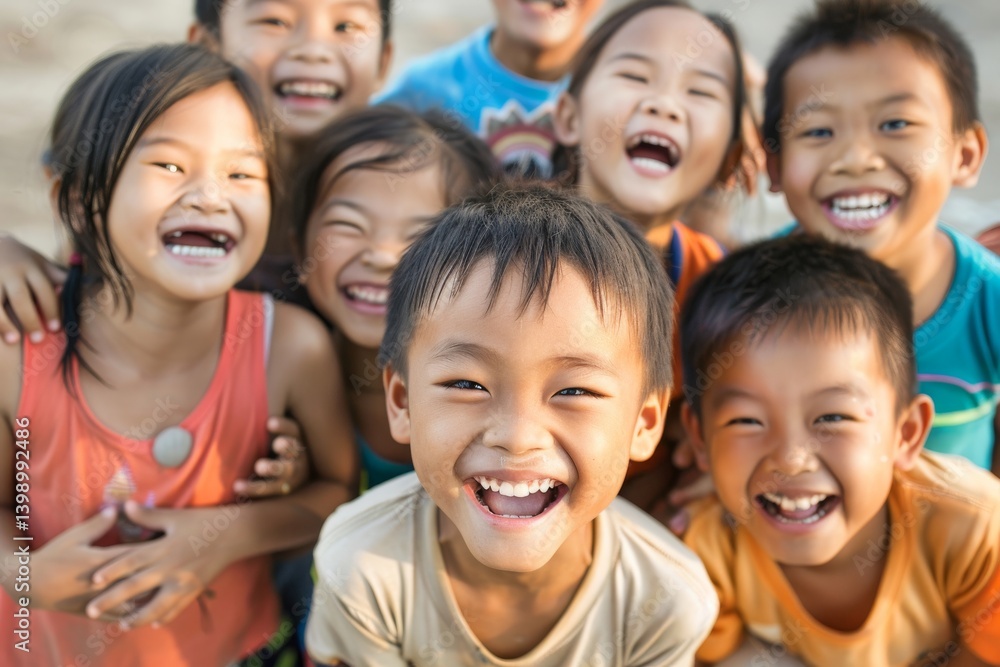 Group of asian children laughing and looking at camera on the beach Group of asian children laughing and looking at camera on the beach