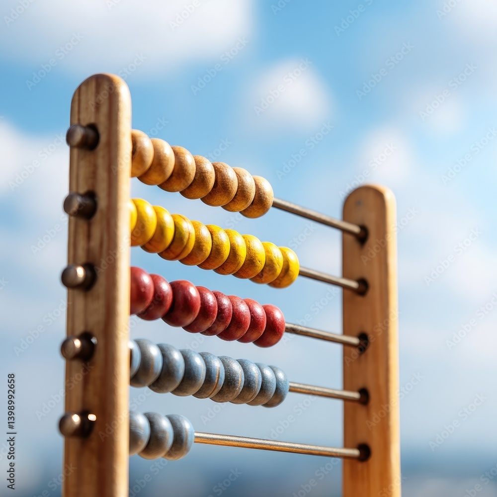 Wooden abacus against a partly cloudy sky. Colorful beads on rods for calculation Wooden abacus against a partly cloudy sky. Colorful beads on rods for calculation