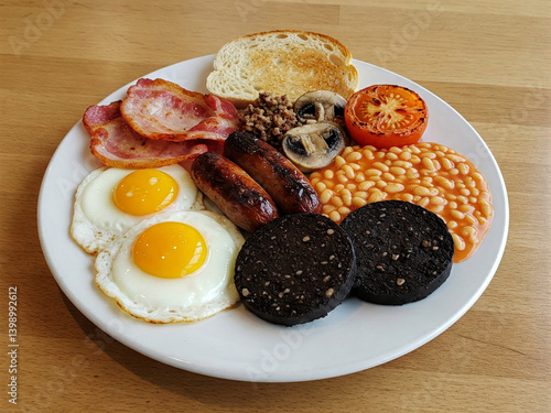 a Full Scottish Breakfast on a white plate, set against a wooden dining table.