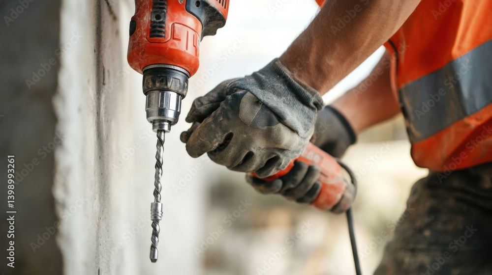 A Hispanic construction worker using a power drill at a construction site. Featuring precision and control