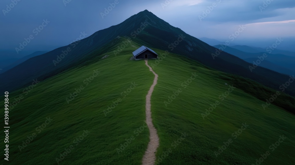 Majestic mountain peak with a small hut and a pathway. Lush green hillside. Dramatic sky