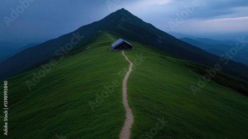 Obraz na płótnie Majestic mountain peak with a small hut and a pathway. Lush green hillside. Dramatic sky w salonie