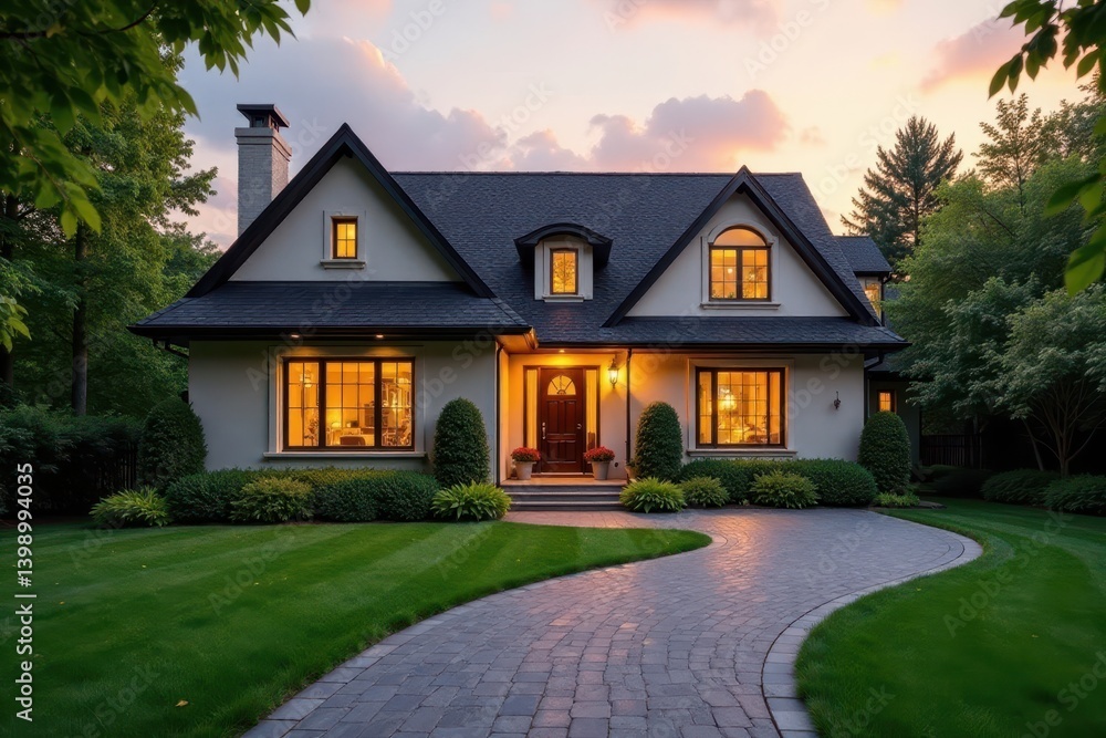 Warm arafed home, paved driveway leads to entrance , residential, suburb Warm arafed home, paved driveway leads to entrance , residential, suburb