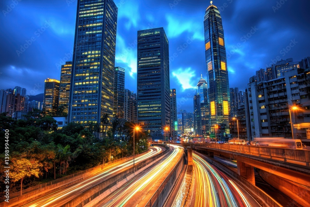 Naklejka premium A city highway with tall buildings and modern architecture in the background, captured at night under long exposure to create streaks of light from moving vehicles Generative AI