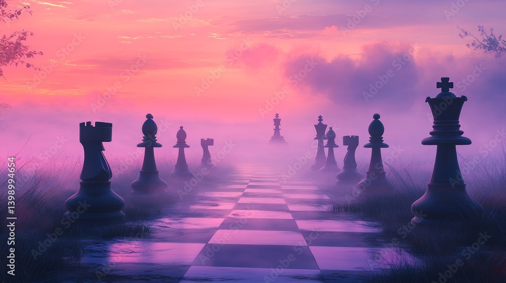 Oversized magenta chess pieces cast long shadows in a surreal landscape, generating a dreamlike atmosphere filled with swirling mist Oversized magenta chess pieces cast long shadows in a surreal landscape, generating a dreamlike atmosphere filled with swirling mist
