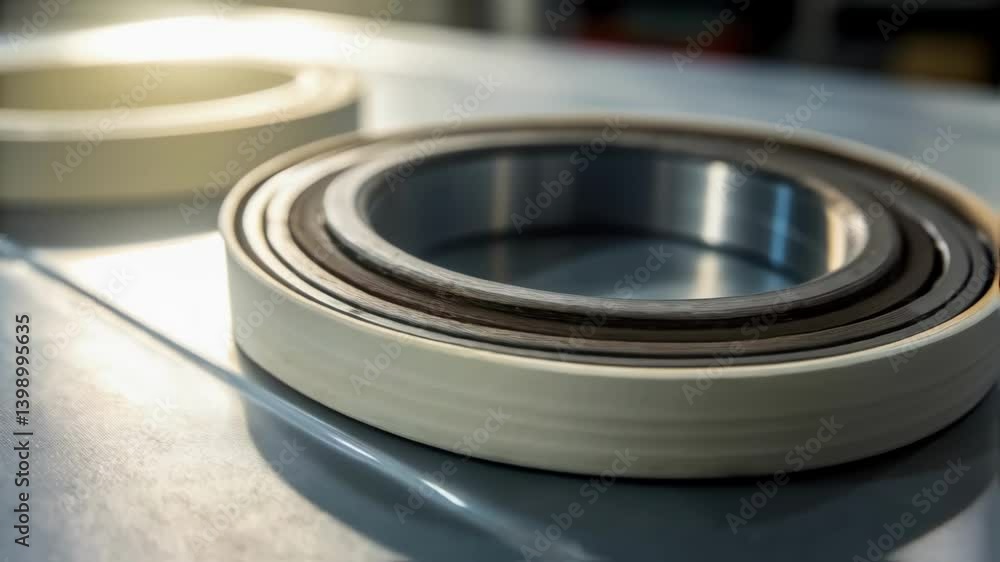 A detailed closeup of a freshly extruded rubber seal highlighting its smooth surface and precision edges illuminated by a soft but focused light source. A detailed closeup of a freshly extruded rubber seal highlighting its smooth surface and precision edges illuminated by a soft but focused light source.