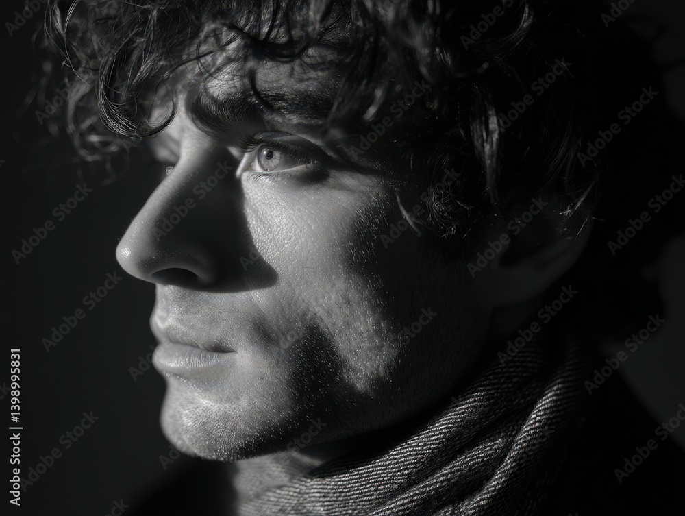 Fototapeta premium Close-up of a man's face in black and white with curly hair, thoughtful expression, scarf around neck, side profile highlighting light and shadow on features. No text present