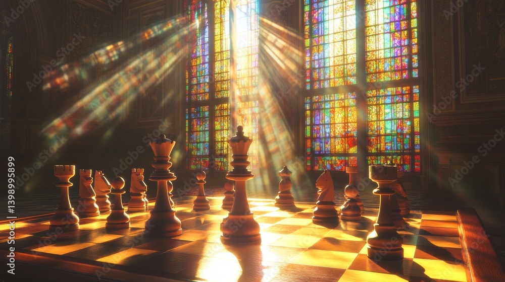 Sunlight streaming through the stained glass windows of an ancient cathedral casts a warm glow over a chessboard Sunlight streaming through the stained glass windows of an ancient cathedral casts a warm glow over a chessboard