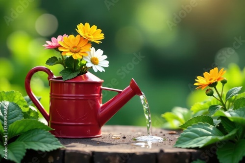 Watering can with flowers and greenery , watering can, garden