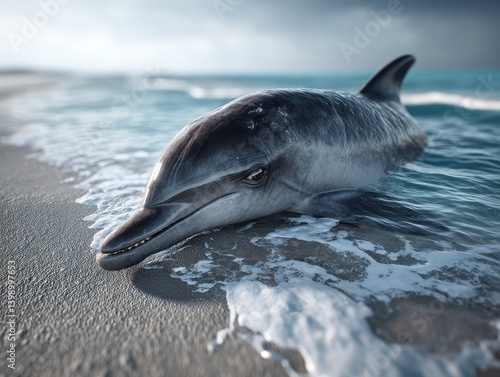 Dolphin lying on wet sandy ...