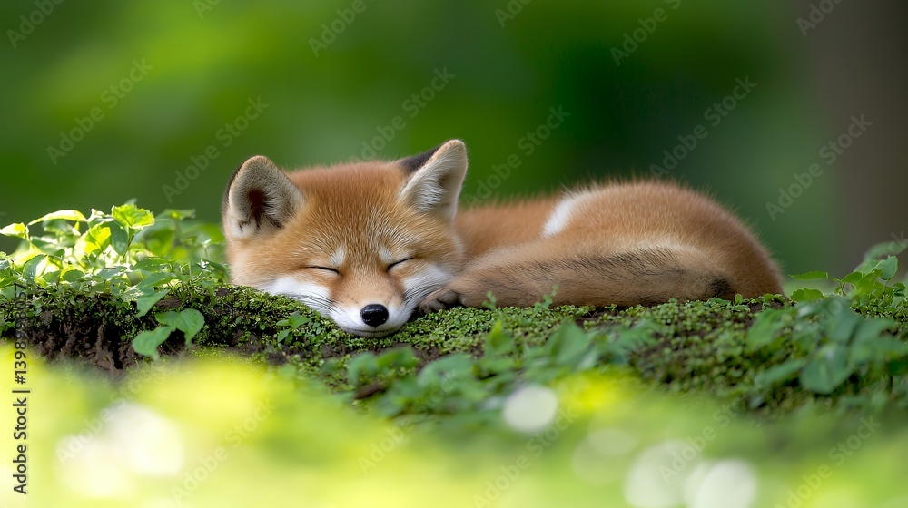 Obraz premium Sleepy red fox cub in natural habitat