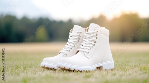 Obraz na płótnie White Leather Boots Pair Outdoor Minimalist Style Natural Soft Lighting Close-up Ground Shot Spring Casual Wear Sunny Field Background Warm Neutral Tones Perfect for Spring Catalogs w salonie