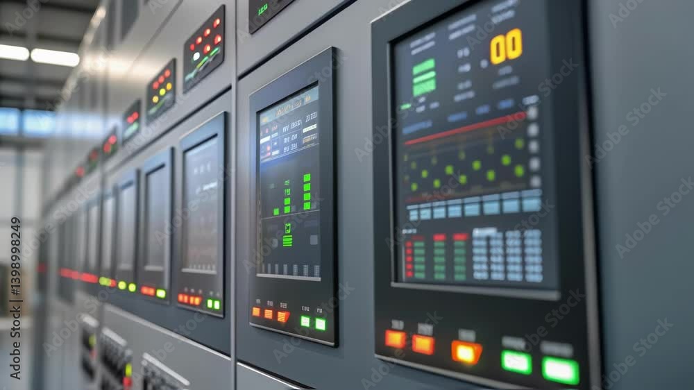 A medium closeup of digital control panels displaying realtime data graphics with bright LED indicators showing operational statuses in a modern factory environment. A medium closeup of digital control panels displaying realtime data graphics with bright LED indicators showing operational statuses in a modern factory environment.