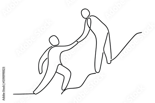 Minimalist Line Art Depicting Assistance And Support For A Climber Ascending A Hill Featuring Two Figures Helping Each Other