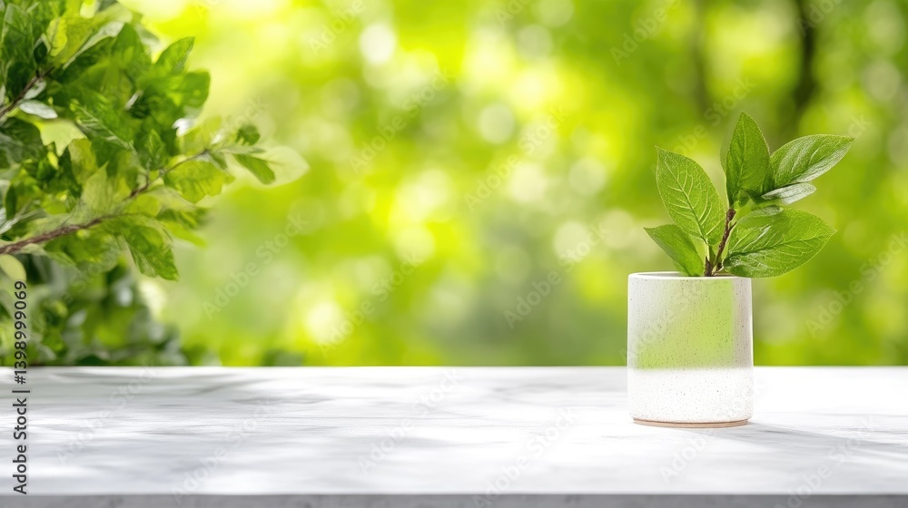 A small potted plant sitting on a white table with a blurred green forest background, natural light creating soft shadows, and serene and minimalist composition.