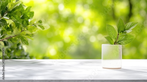 Obraz na płótnie A small potted plant sitting on a white table with a blurred green forest background, natural light creating soft shadows, and serene and minimalist composition. w salonie