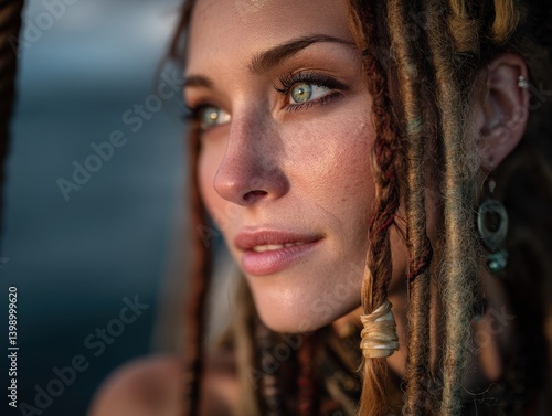 A woman with green eyes and...