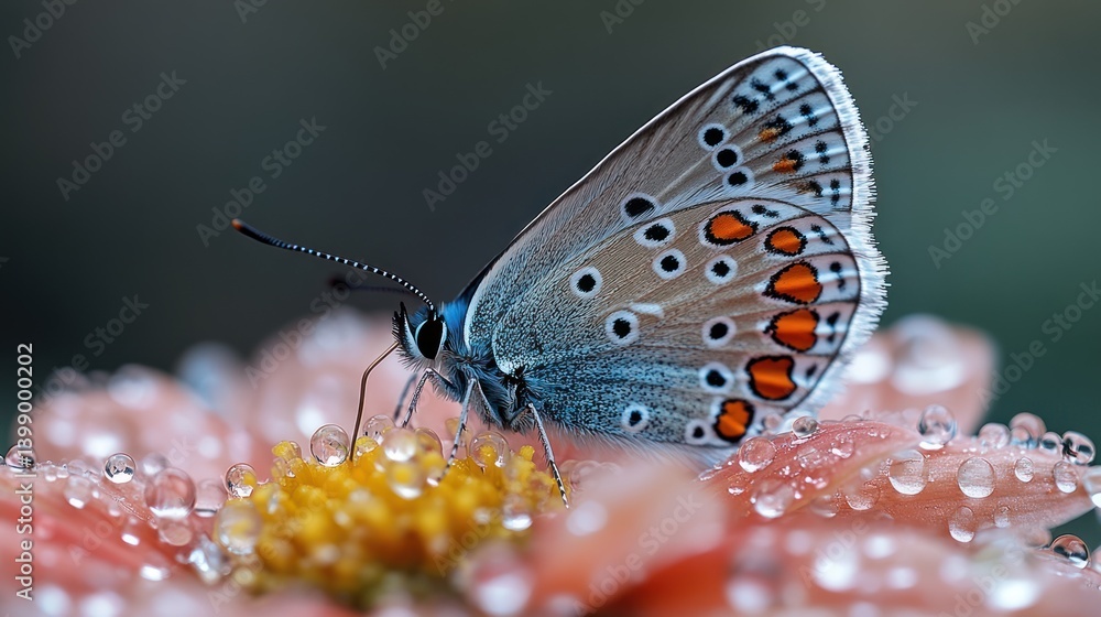 Fototapeta premium Close-up of a butterfly with dew drops on a flower.