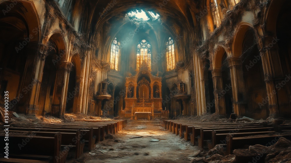Obraz premium Sunlight Streaming Through Ruined Interior Illuminating Dusty Pews and Gothic Architecture in