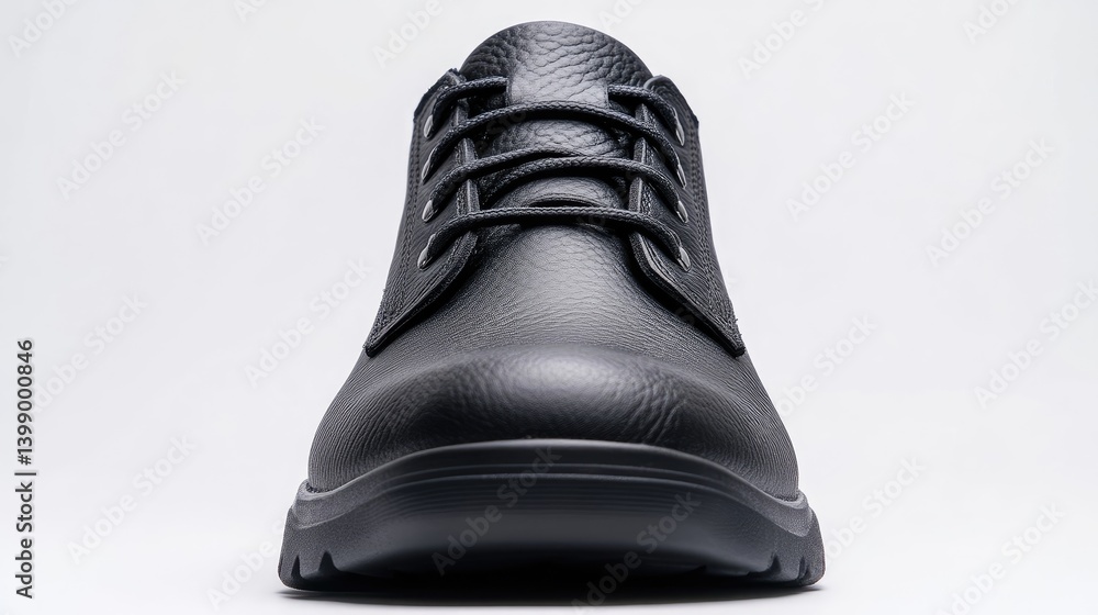 Black Leather Shoe Laces and Sole Minimalist Style Studio Lighting Front Close-up View Textured Upper Ready-to-Wear Concept Neutral Background Dark Monochromatic E-commerce Product Shot