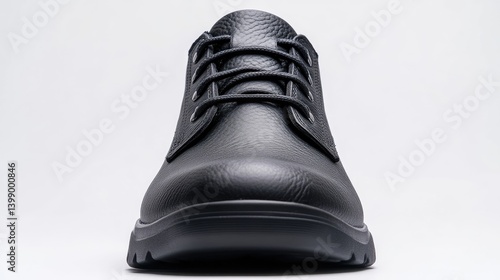 Obraz na płótnie Black Leather Shoe Laces and Sole Minimalist Style Studio Lighting Front Close-up View Textured Upper Ready-to-Wear Concept Neutral Background Dark Monochromatic E-commerce Product Shot w salonie