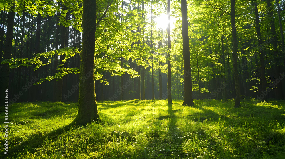 Fototapeta premium Sunlight Piercing Through Lush Forest Canopy