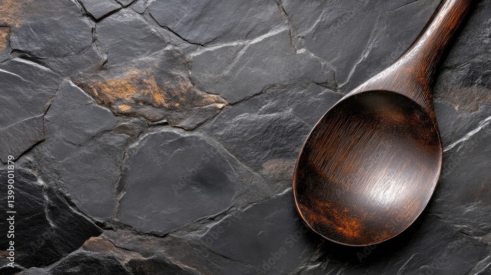 Dark stone surface with wooden spoon