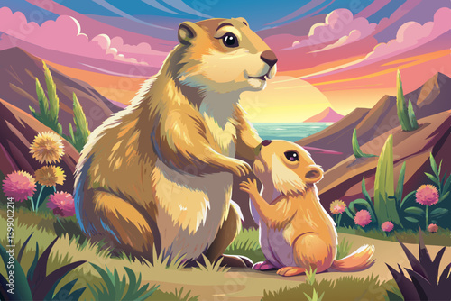 vector of A tender moment between a young and an adult prairie dog in a natural setting.