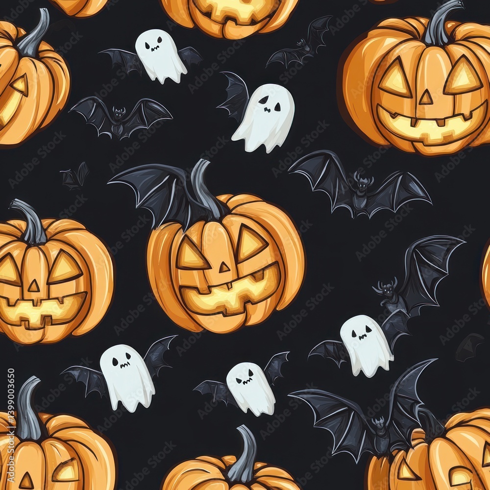 Halloween Pattern with Pumpkins and Bats on Dark Background Halloween Pattern with Pumpkins and Bats on Dark Background